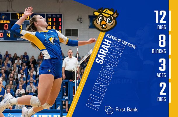 Player spotlight template featuring large athlete action photo on left against blue background, player name and statistics on right side, team logo at top, and sponsor area at bottom. Designed for social media promotion of featured players.