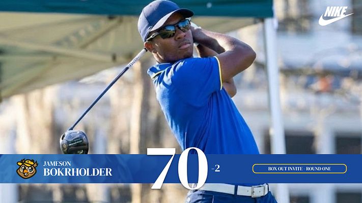 Final score golf template with player photo spanning upper two-thirds, blue and navy color scheme, large white score display (70-2) at bottom center, player name and logo banner on lower left, and event details box on lower right