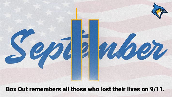 September 11 memorial template featuring 'September' in blue script text overlaid with twin tower silhouettes in gold outline, faded USA flag background, customizable text area below, and team logo in top corner for social media formats
