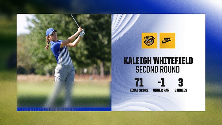 Golf stats template with fractal glass design featuring player photo on left, team logos, player name and round title, and statistics display showing score, par rating, and birdies on right side against blue gradient background