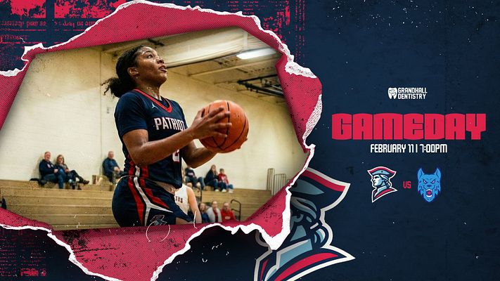 Gameday template with navy and red color scheme, featuring large photo frame with torn paper border effect, player action shot, team logos, opponent shield icons, event date and time text on right, and sponsor logo in corner. Designed for social media sharing across landscape, Instagram, and story formats.