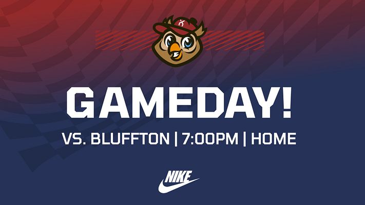 Gameday template with a bold white headline, placeholder for time, date, location details below, and a team mascot graphic at the top against a red and navy background.
