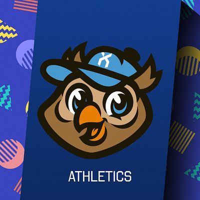 90's style social media profile template featuring bold cartoon bulldog mascot with thick black outline on bright blue background, geometric decorative elements in corners, and text area below for team name, designed for avatar and banner formats