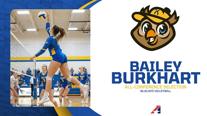 Player spotlight template featuring large photo of volleyball player spiking on left, team mascot and player name headline on right, blue and yellow color scheme with team branding and achievement text