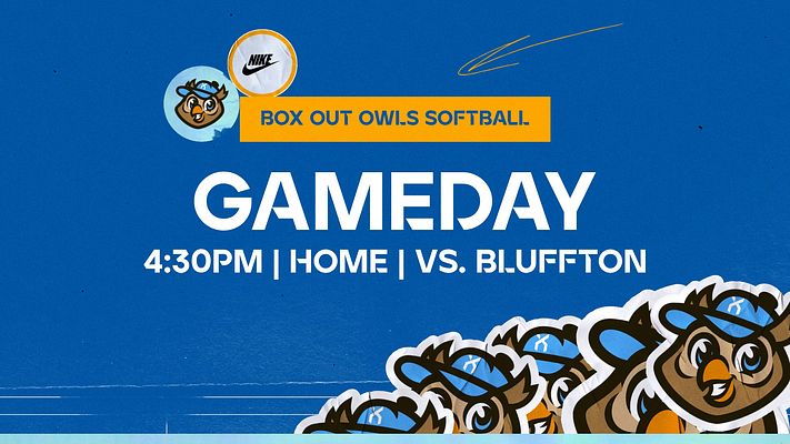 Motion headline template with a blue background, large headline text centered, circular logo placeholders, and illustrated mascot heads at the bottom.