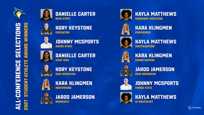 Player spotlight template featuring a blue background with space for 14 player photos and names, organized in a grid layout. Designed for showcasing multiple athletes.