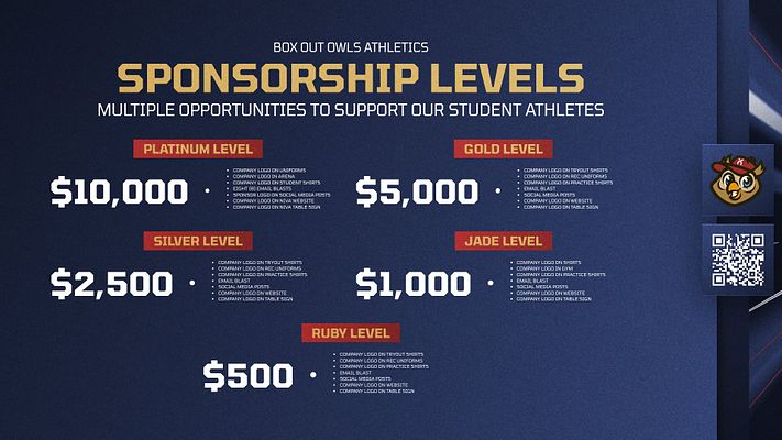 Sponsorship levels template with dark background. Features tiered sponsorship amounts, company logo placements, and QR code on the side. Clear sections for each level.