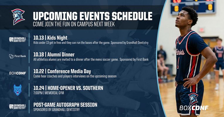 Upcoming events template with a blue header, featuring a large title. Event details listed on the left, with a photo of a player on the right. Designed for highlighting athletic events.
