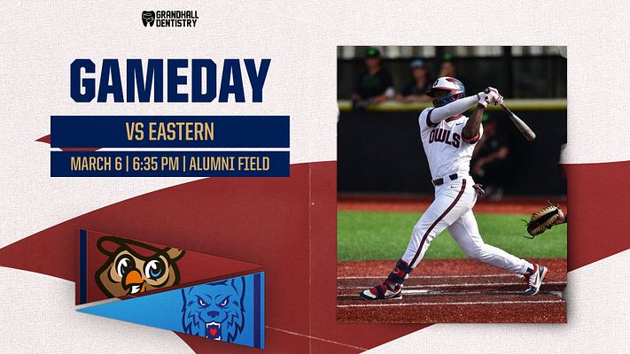 Gameday template with textured beige background, bold blue 'GAMEDAY' title, player photo on right, team logos on left, and game details below in red banner.
