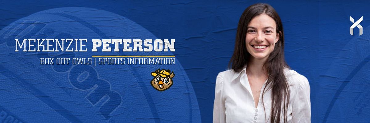 Twitter banner template featuring a blue background with a prominent photo area for a person on the right, text sections for name and information on the left, and a logo.