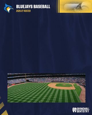 Full roster template with dark blue background, team name and logo at top, multi-column grid layout displaying player names and numbers in yellow badges, baseball stadium photo in center, and sponsor logo at bottom