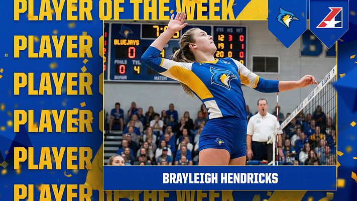 Player spotlight template with blue and gold color scheme, featuring large player photo area centered on right, repeating text on left side, player name banner at bottom, and team logos in top corners for social media sharing