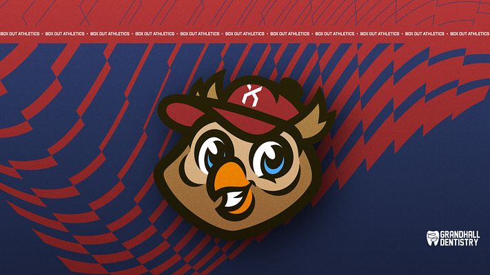 Logo template featuring cartoon owl mascot head with red cap on navy and red diagonal striped background. Includes repeated text header and brand lockup. Available in landscape, Instagram, and story formats.