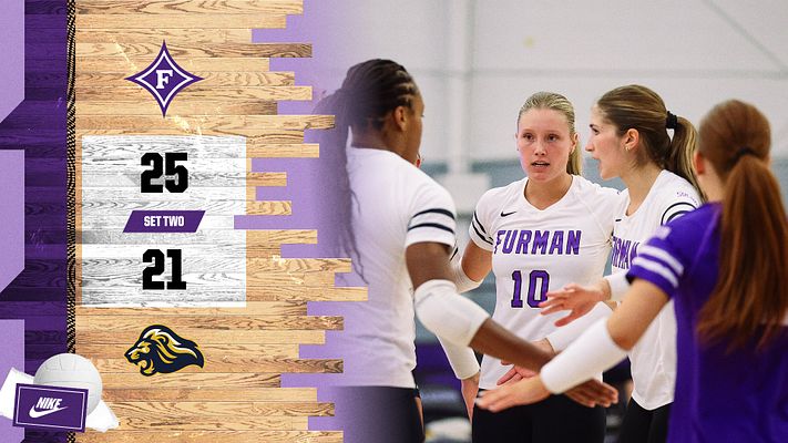 Volleyball set update template with wooden court background, purple and white color scheme, displaying set scores on left side with team logo and matching action photo of players on right side