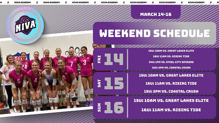 Weekend Schedule template with purple diagonal stripe background, large team photo placeholder on left, date banner at top, and multi-day schedule grid on right showing game times and opponents. Available in landscape, Instagram, and story formats for social media posting.