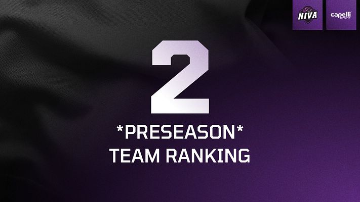 Preseason team ranking template with large jersey number on dark purple and black gradient background, white text displaying ranking information, and sponsor logo areas in top right corner