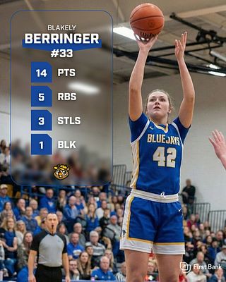 Player spotlight template with player photo on right side shooting basketball, semi-transparent stat panel on left displaying player name, number, and key statistics like points, rebounds, steals, and blocks in white text on dark background