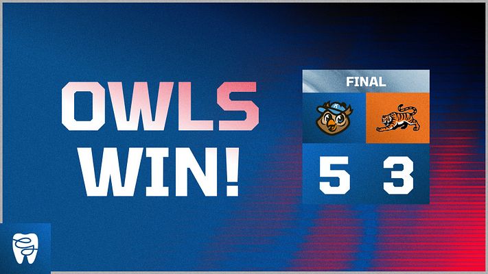 Score update template with a gradient blue background, large text area for 'OWLS WIN!', and score boxes for competitor teams on the right. Designed for social media sharing.