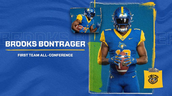 Player spotlight template featuring a blue background, main photo area on the right with player's name and accolade, and a secondary smaller image above for additional details.