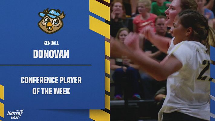 Player spotlight template with split layout: left side features team logo, player name, and award text on blue background with yellow accent stripes; right side displays large player action photo. Designed for social media sharing across multiple formats.