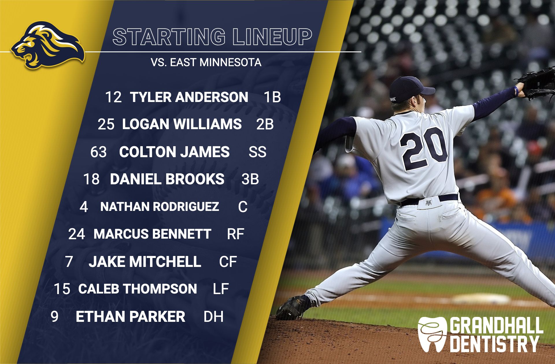 Lineup template featuring a dark blue and gold color scheme, player names listed on the left with positions, and a player action image on the right, designed for sports lineups.