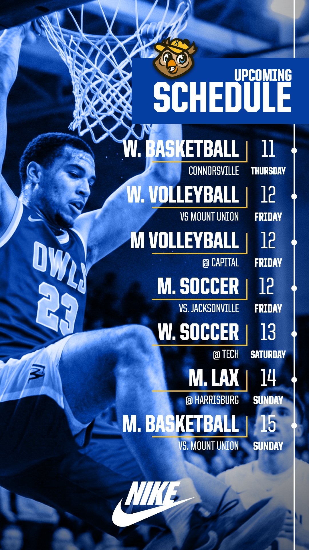 Vertical schedule template for Instagram stories, featuring player photo on the left, event titles and dates in bold text on a blue background, with team logo and sponsor branding.