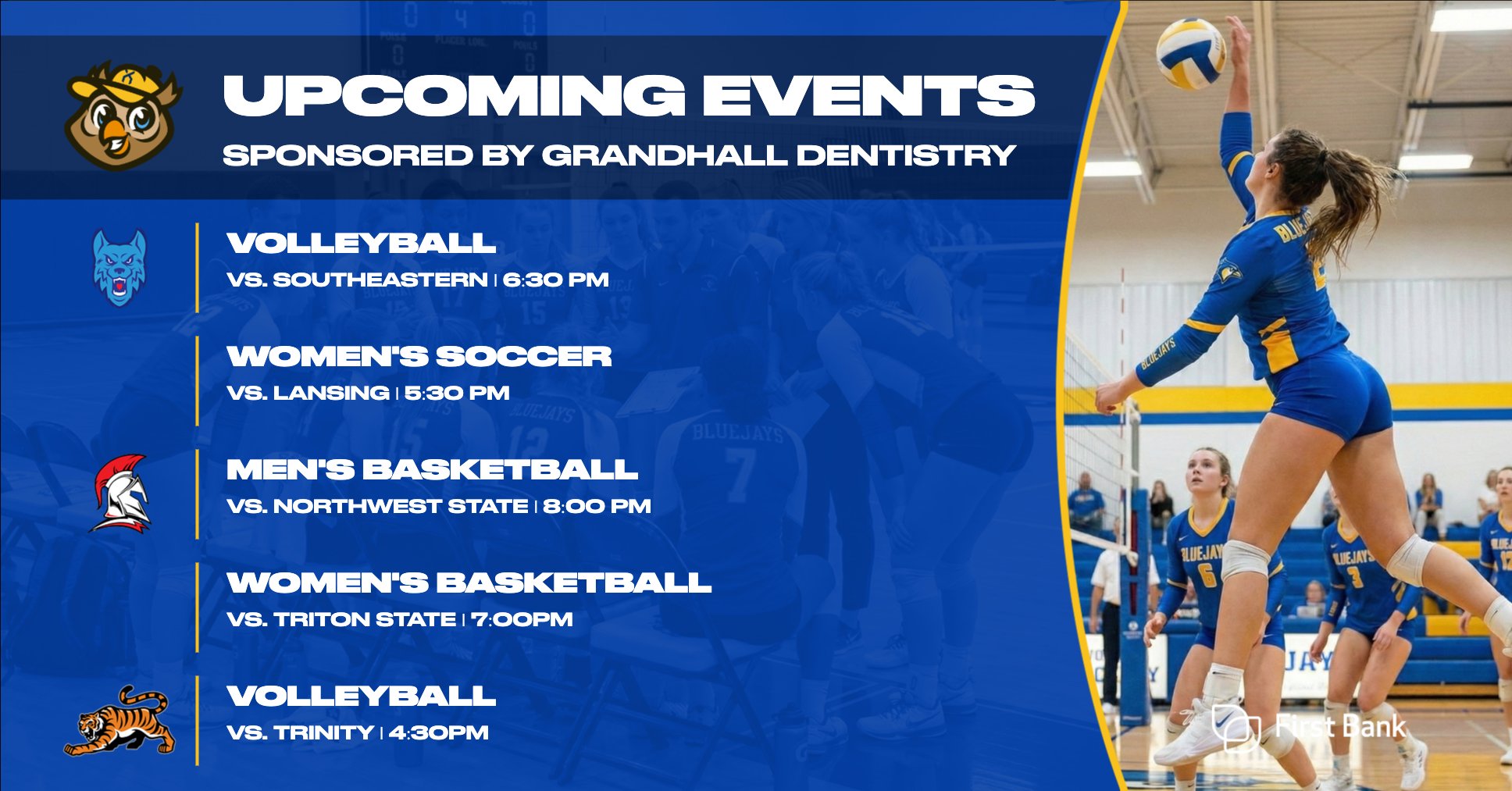 Upcoming events template with blue background featuring team logo, sponsor text at top, vertical list of five sports events with team logos and opponent matchups on left, and large action photo placeholder on right showing athlete in blue uniform