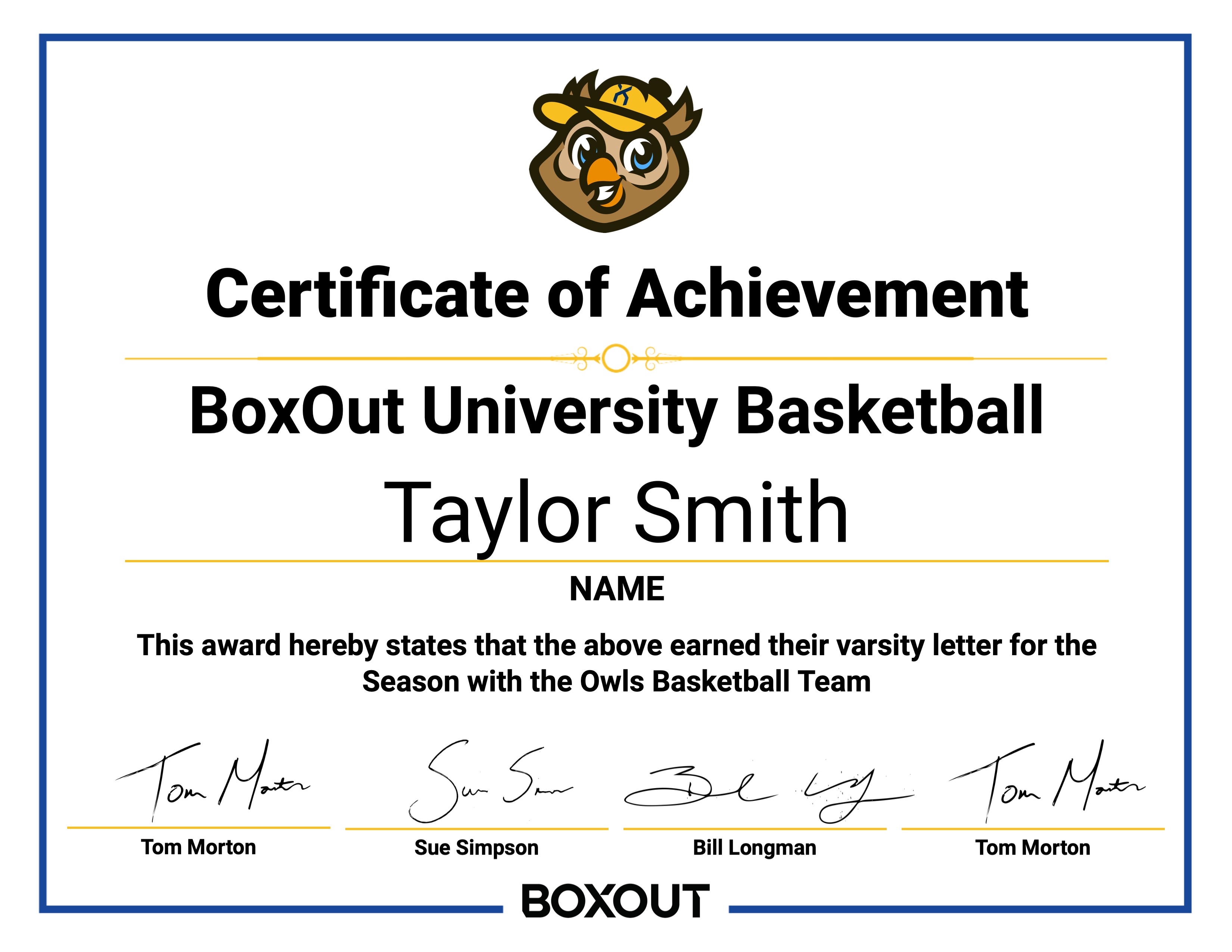 Award certificate template featuring a clean layout with a purple and white color scheme, space for a name in the center, and signature lines at the bottom.