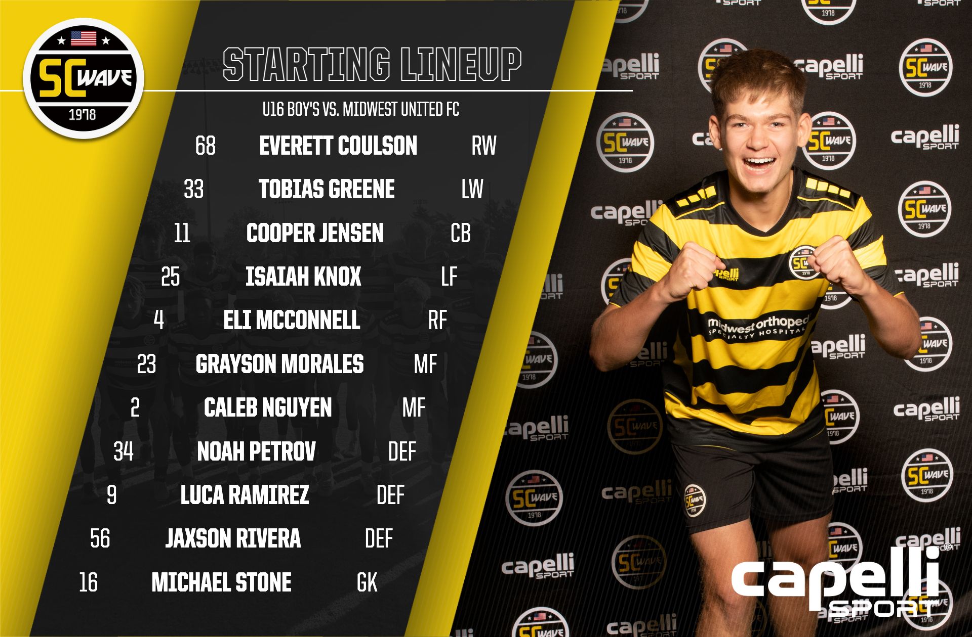 Starting lineup template with yellow and black color scheme, featuring team logo on left, player roster list with jersey numbers and positions on left side, and large player photo area on right. Designed for showcasing club team lineups.