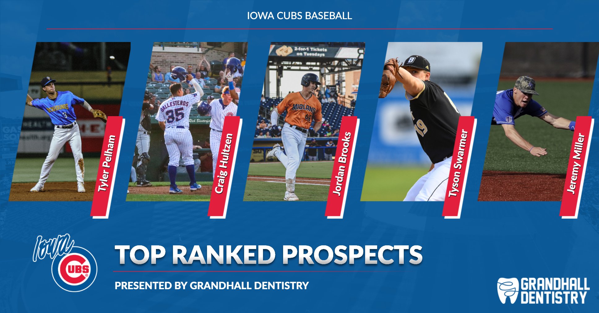 Multi-player feature template with a landscape layout, showcasing five player photos in outlined boxes, bold 'Top Ranked Prospects' text, and sponsor logo at bottom right.