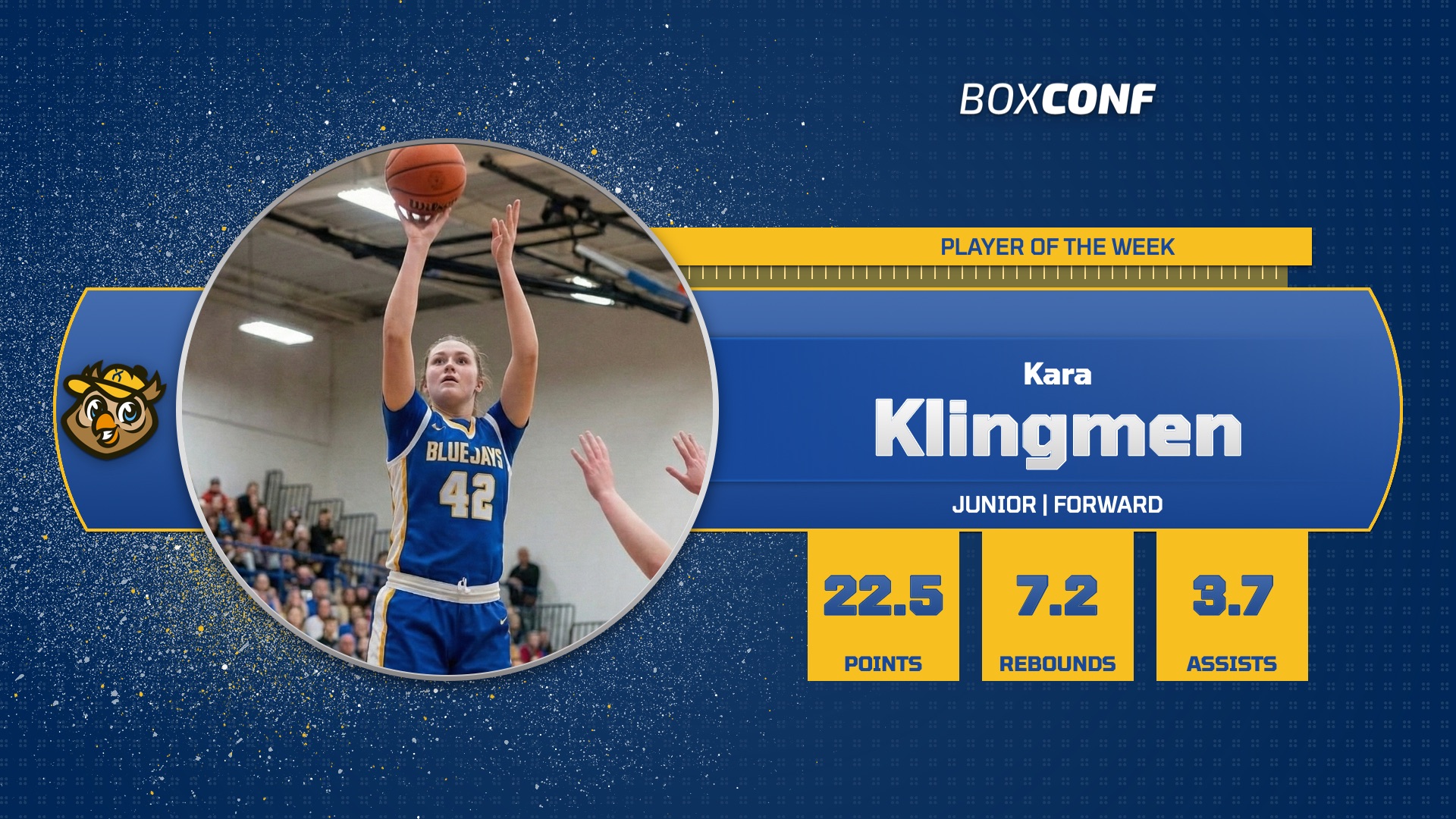 Player spotlight template featuring a circular photo placeholder on the left, athlete's name and title on a blue bar, and stats section with points, rebounds, and assists on the right.